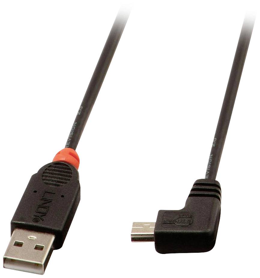 Ein USB-Kabel mit einem Standard-USB-Stecker am einen Ende und einem rechtwinkligen Micro-USB-Stecker am anderen Ende.