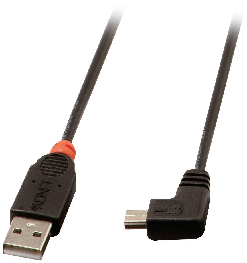 Ein USB-Kabel mit einem Standard-USB-Stecker links und einem rechtwinkligen Micro-USB-Stecker rechts.