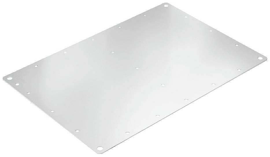 Metallplatte mit mehreren kleinen Löchern an den Rändern, rechteckig und glatt, dient als Montagesockel oder Abdeckung.