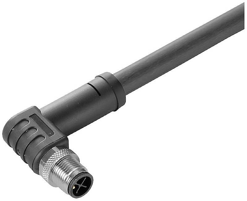 Ein schwarzes, rechtwinkliges Kabel mit einem metallischen Steckverbinder am Ende. Geeignet für industrielle Anwendungen.