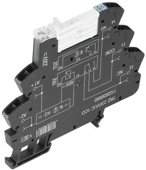 Schwarzes Relais-Modul mit elektrischen Schaltplänen und technischen Kennzeichnungen, Spannung von 24V bis 230V, Produkt von Weidmüller.