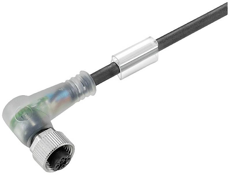 Ein gewinkelter Steckverbinder mit mehradrigem Kabel, verwendet für industrielle Anwendungen zur Verbindung von Geräten.