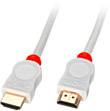 Ein weißes HDMI-Kabel mit goldenen Steckern und roten Markierungen an den Anschlüssen.