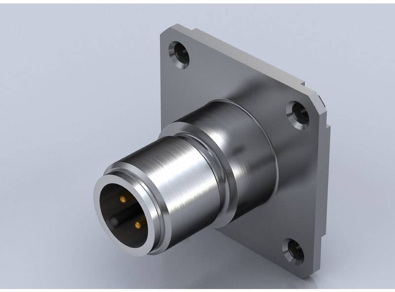 Metallischer Stecker mit quadratischem Flansch und vier Befestigungslöchern, geeignet für industrielle oder elektronische Anwendungen.