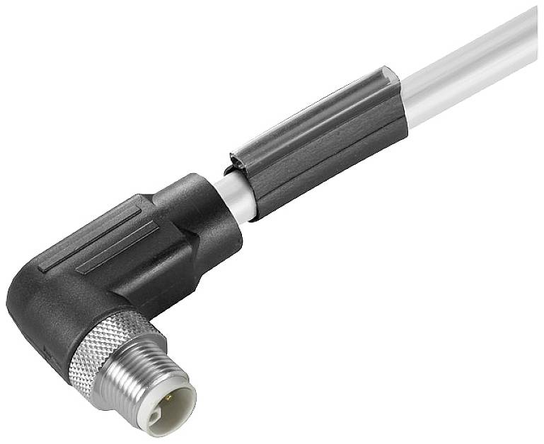 Ein schwarzer, gewinkelter M12-Stecker mit silbernem Gewinde ist an einem schwarzen Kabel befestigt und zeigt nach rechts.