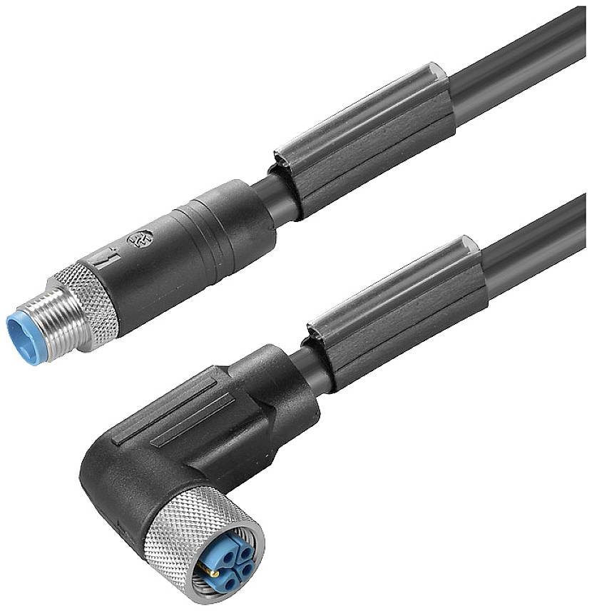 Ein schwarzes Kabel mit zwei Steckverbindungen: oben eine gerade und unten eine gewinkelte. Geeignet für industrielle Anwendungen.