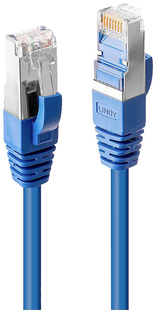 Zwei blaue Ethernet-Kabel mit Metallsteckern, zu sehen aufrecht nebeneinander, geeignet für Netzwerkverbindungen.