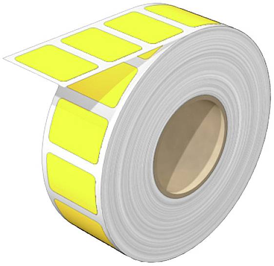 Rolle mit gelben Etiketten, die für die Verwendung in Etikettiergeräten oder zum manuellen Aufkleben auf verschiedenen Oberflächen geeignet sind.