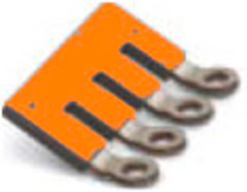 Ein orangefarbenes elektronisches Bauteil mit vier Metallkontakten, möglicherweise ein Kühlkörper oder Anschlussstück.