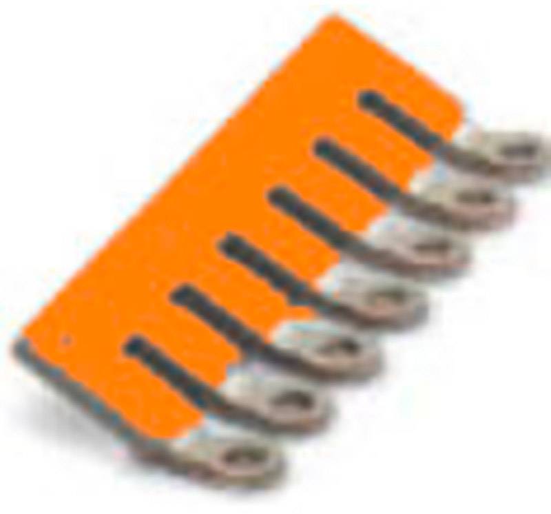 Elektronisches Bauteil mit mehreren gebogenen Anschlüssen an orangefarbener Basis, möglicherweise ein Steckverbinder oder Terminalblock.