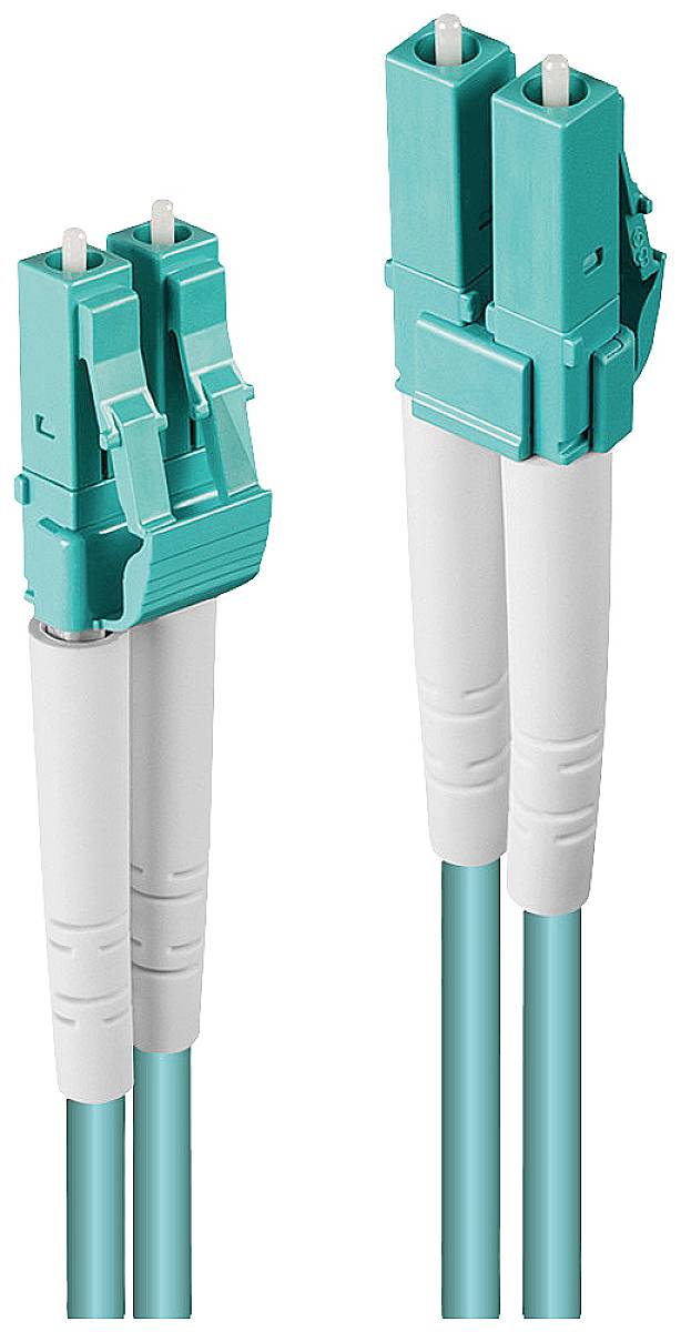 Ein LC-LWL-Stecker mit zwei Kabeln in türkis und weiß, jeweils mit kleinem Stecker für Glasfaserverbindungen in Netzwerkgeräten.