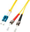 Ein gelbes Glasfaserkabel mit zwei verschiedenen Steckverbindern, einem LC-Stecker und einem ST-Stecker, nebeneinander dargestellt.