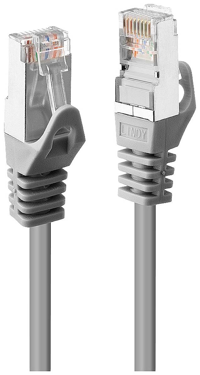 Zwei graue Netzwerkkabel mit transparenten Steckern zeigen die interne Verdrahtung. Solche Kabel werden zur Internetverbindung genutzt.
