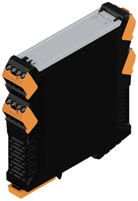 Ein schwarzes, rechteckiges elektrisches Gerät mit orangen Details, das für die Montage auf einer DIN-Schiene konzipiert ist.