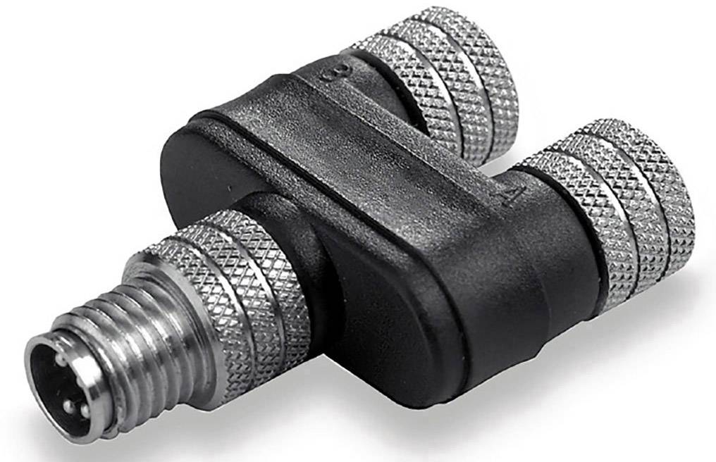 Ein schwarzer, gewinkelter Stecker mit zwei geriffelten Metallanschlüssen, der für Koaxialkabelverbindungen verwendet wird.