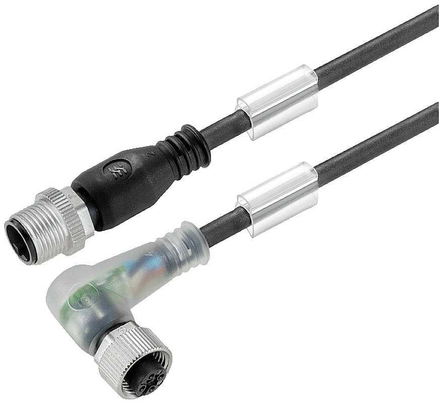 Zwei industrielle Steckverbinder mit Kabeln: Ein gerader schwarzer und ein abgewinkelter transparenter Stecker. Beide enden mit silberfarbenen Zylindern.