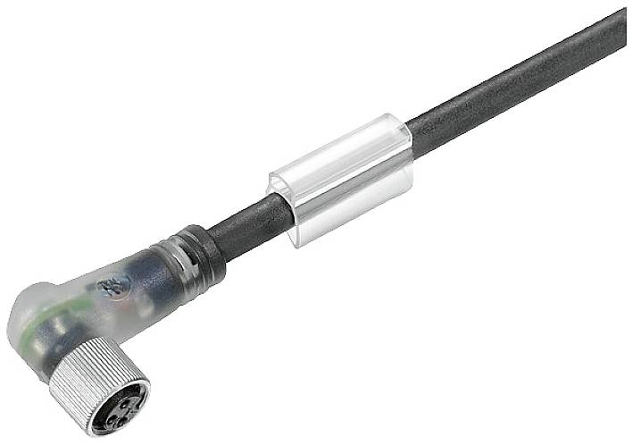 Schwarzes Kabel mit einem rechtwinkligen, durchsichtigen Stecker und silbernem Metallring. Eignet sich für elektrische Verbindungen.