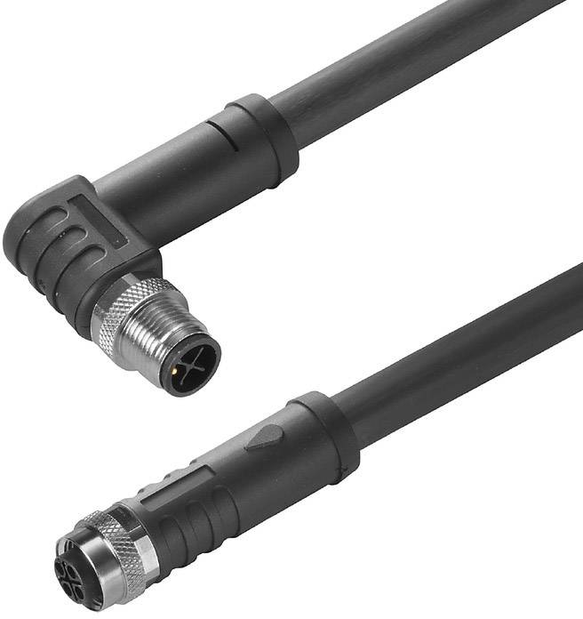 Zwei industrielle Steckverbinder mit Kabeln: Einer mit 90-Grad-Winkel, der andere gerade. Beide sind schwarz und metallisch.