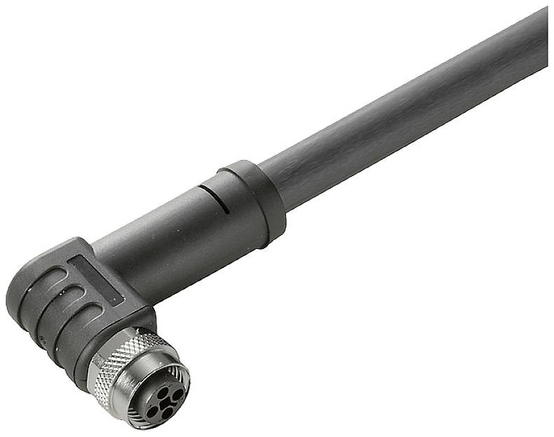 Ein schwarzes, abgewinkeltes Kabel mit rundem Anschlussstecker, geeignet für technische Verbindungen.