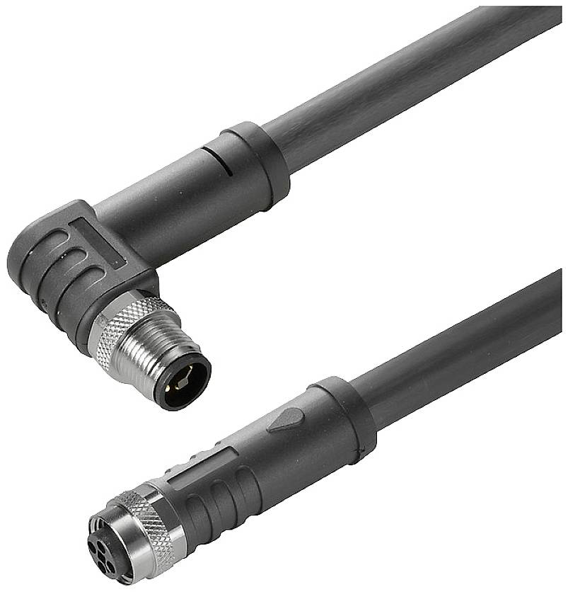 Ein gewinkelter und ein gerader schwarzer Steckverbinder mit Metallgewinde an Kabeln, zur elektrischen Verbindung von Geräten.
