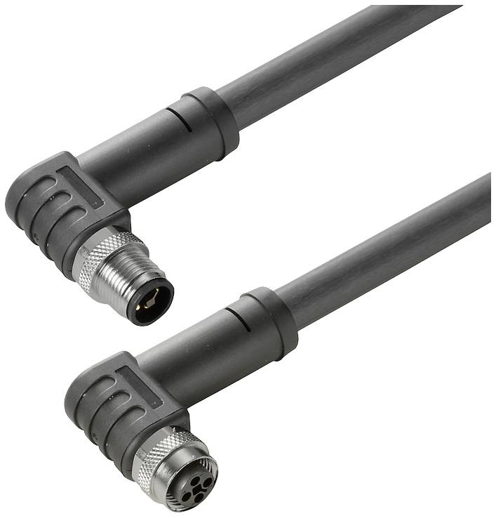 Schwarzes, rechtwinkliges, geschirmtes Kabel mit M8-Steckern, einer mit männlichem und einer mit weiblichem Anschluss, für industrielle Anwendungen.