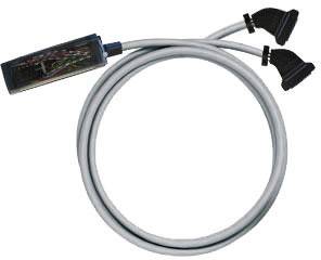 Das Bild zeigt ein graues Kabel mit zwei schwarzen Anschlüssen, erkennbar ist ein transparenter Bereich mit sichtbaren inneren Drähten.