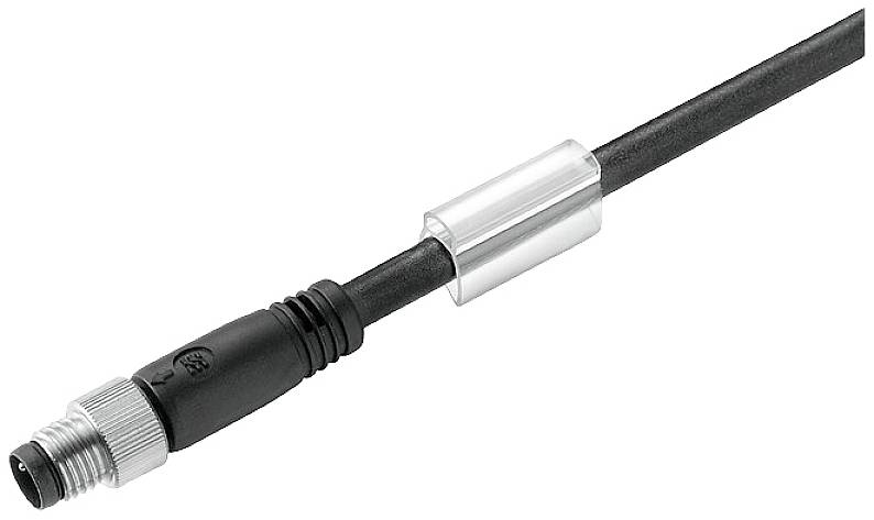 Ein schwarzes Kabel mit einem silbernen Anschlussstecker und einer silbernen Ummantelung in der Mitte.