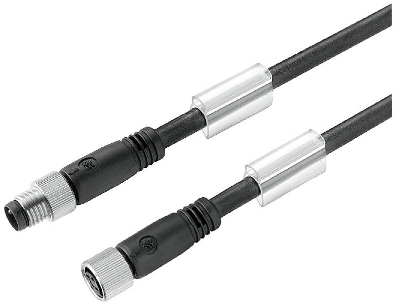 Zwei schwarze Kabel mit silbernen Steckern und Ferritkernen zur Reduzierung elektromagnetischer Störungen.