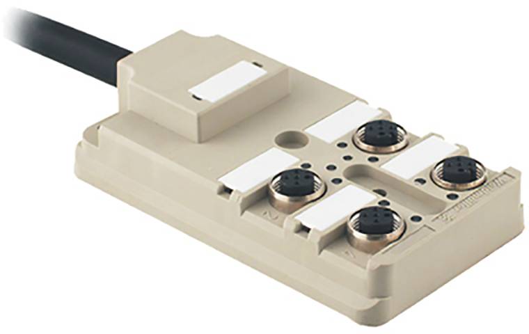 Ein rechteckiges Gerät mit vier runden Anschlüssen, einem Kabelanschluss und weißer Beschriftungsfläche, auf einer flachen Oberfläche.