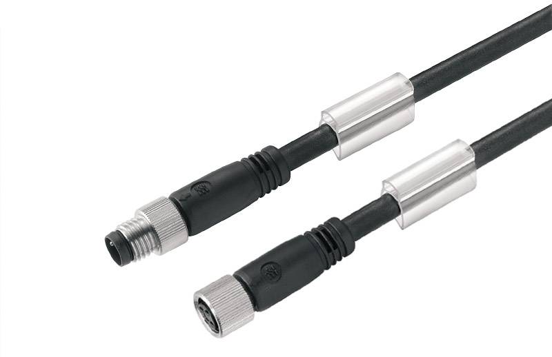 Zwei elektrische Kabelstecker mit Metallgehäuse und schwarzer Ummantelung, einer mit Stiftanschluss und einer mit Buchsenanschluss.