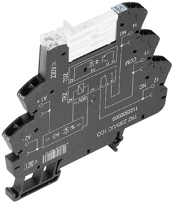 Schaltrelais mit Aufdruck, zeigt elektrische Schaltkreise und Anschlüsse. Geeignet für eine Spannung von 230V und 10A.