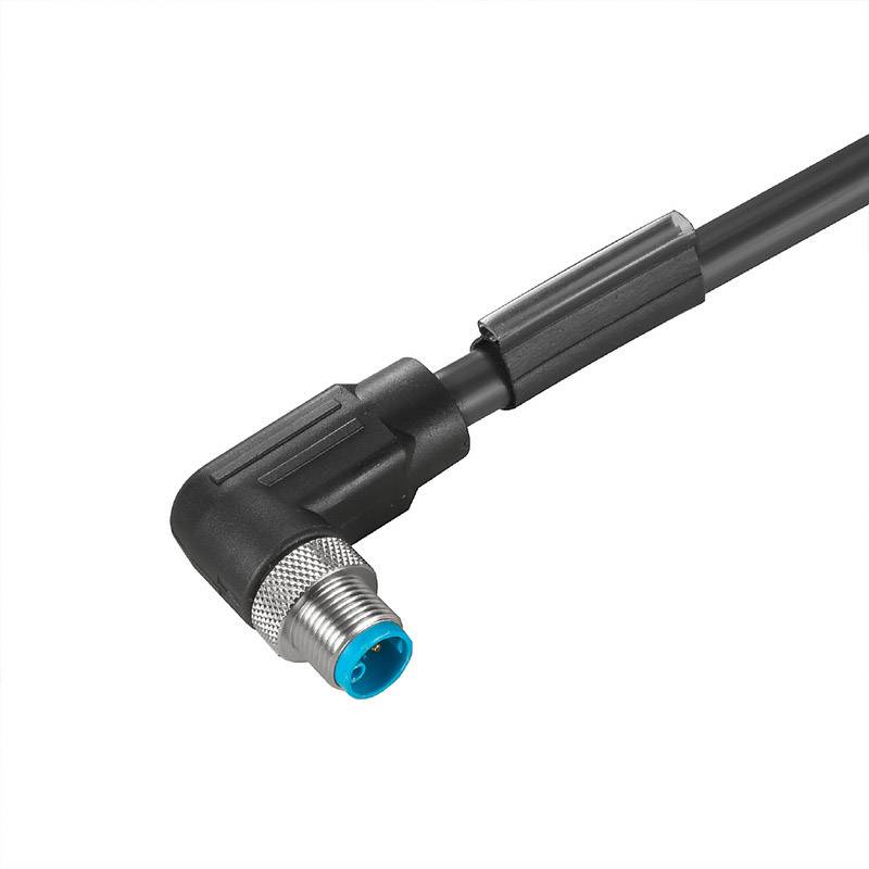 Kabel mit abgewinkeltem M8-Stecker, schwarz, Metallstecker mit blauer Innenisolierung. Geeignet für industrielle Anwendungen.
