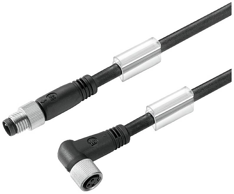 Zwei schwarze Kabel mit Metallverbindern, eines gerade, das andere abgewinkelt. Sie haben Ferritkerne zur Störungsreduktion.