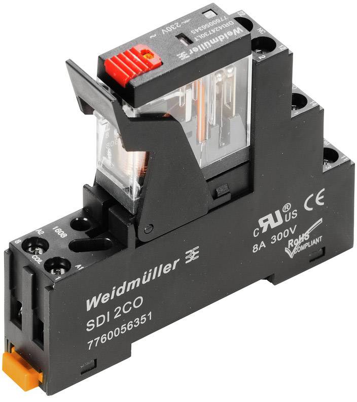 Weidmüller Relais SDI 2CO, 8A, 300V, ROHS-konform, schwarze Halterung mit rotem Schalter, Seitenansicht.