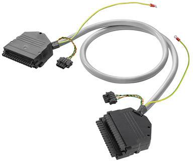 Zwei graue Kabel mit rechteckigen schwarzen Steckverbindern an jedem Ende, verbunden durch bunte Drähte.