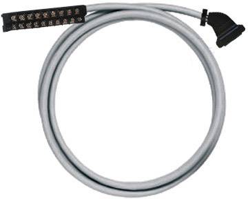 Ein rundes graues Kabel mit einem schwarzen Stecker an einem Ende und einem länglichen schwarzen Anschlussblock am anderen Ende.