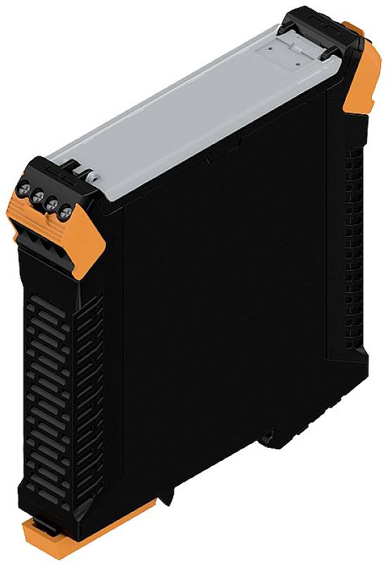 Schwarzes elektronisches Modul mit orangefarbenen Ecken, rechteckige Form. Wird vermutlich in elektrischen oder industriellen Anwendungen genutzt.