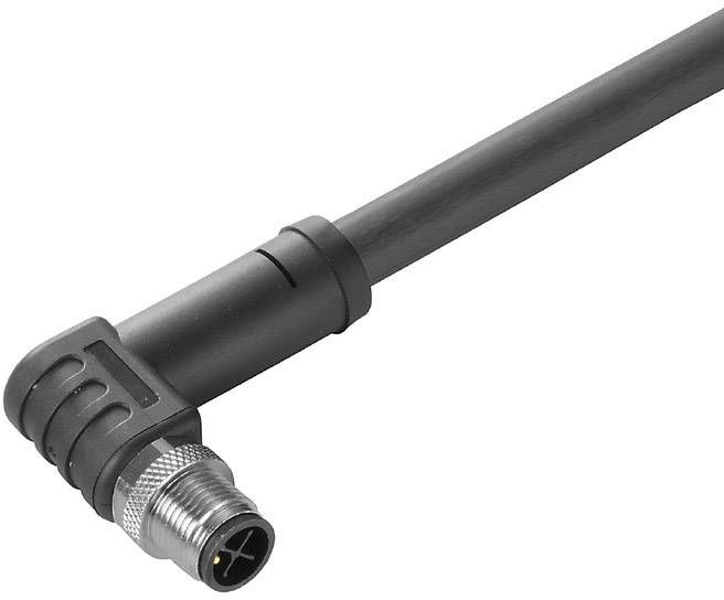 Ein schwarzes, rechtwinkliges Kabel mit einem runden Metallstecker mit zwei Pins, geeignet für industrielle Anwendungen.