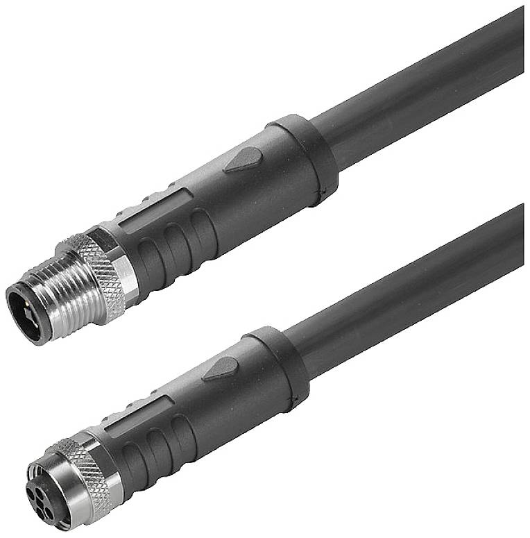 Zwei schwarze Kabel mit Metallsteckern, einer männlich und einer weiblich. Steckverbindungen sind für industrielle Anwendungen geeignet.