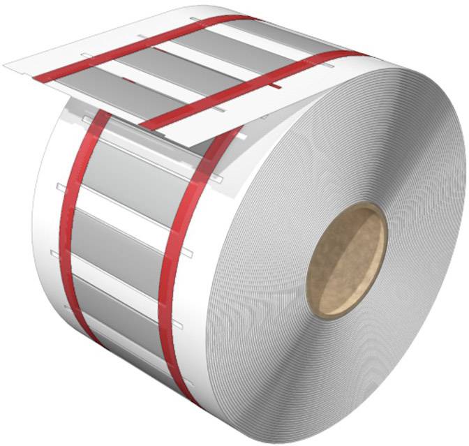 Große Rolle aus Aluminium mit rotem Band und rechteckigen Markierungen. Verwendet in der industriellen Produktion.