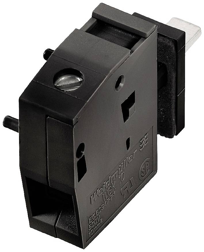 Ein schwarzer elektronischer Mikroschalter mit Metallhebel, seitlich positioniert. Geeignet für industrielle Anwendungen.