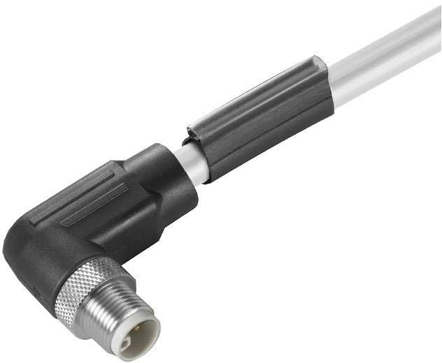 Ein rechtwinkliger Steckverbinder mit einem schwarzen Gehäuse und einem Kabel, das durch eine schwarze Schutzabdeckung führt.