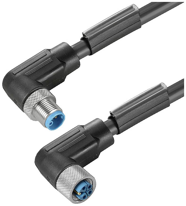 Winkelsteckverbinder mit schwarzem Kabel und blauer Steckverbindung. Verwendet für elektrische Anschlüsse.