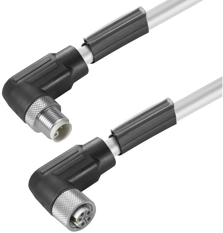 Zwei rechtwinklige Stecker, einer männlich und einer weiblich, an einem Kabel. Beide haben schwarze Kunststoffgehäuse.