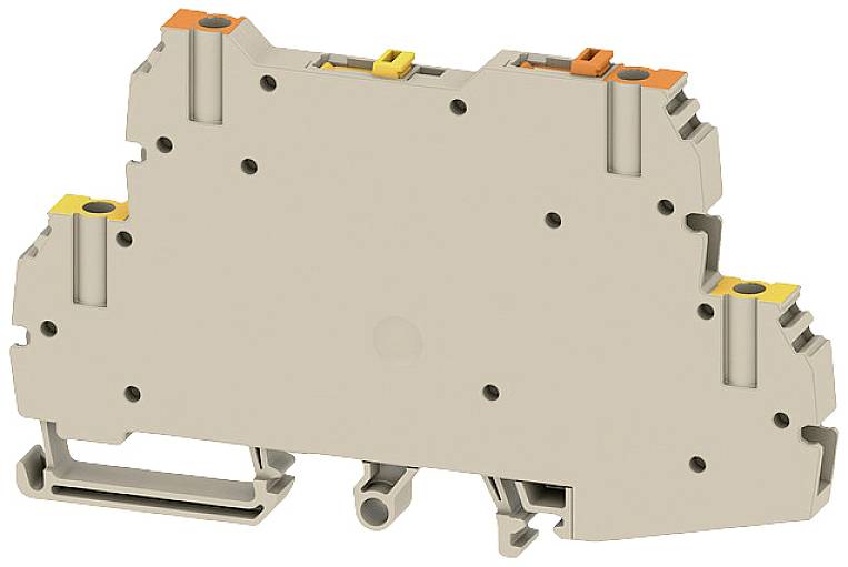 Ein graues, rechteckiges Relaismodul mit orangefarbenen und gelben Anschlüssen, geeignet für den Einsatz in elektrischen Schaltschränken.