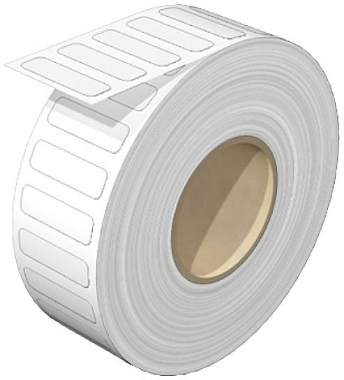 Eine Rolle weißer selbstklebender Etiketten mit ablösbaren Abschnitten, die zum Beschriften von Gegenständen verwendet werden können.