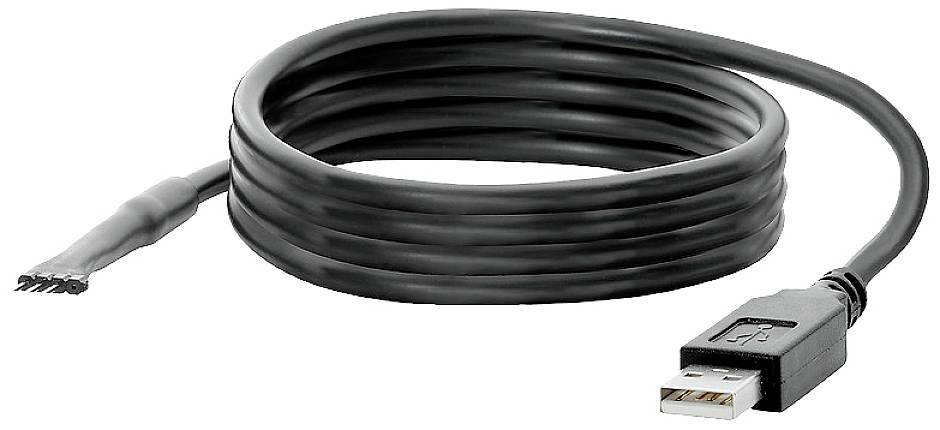 Ein schwarzes USB-Kabel mit einem USB-Anschluss und einem offenen Ende mit vier freiliegenden Adern.