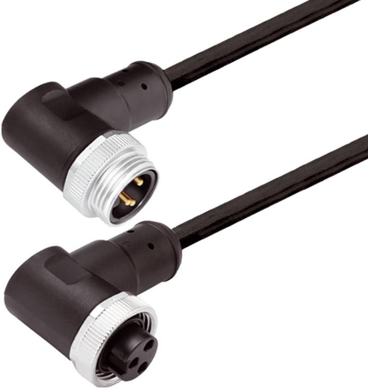 Zwei schwarze, gewinkelte Steckverbindungen mit Metallgewinden an einem Kabel. Sie haben unterschiedliche Kontaktanzahl: oben drei, unten zwei.