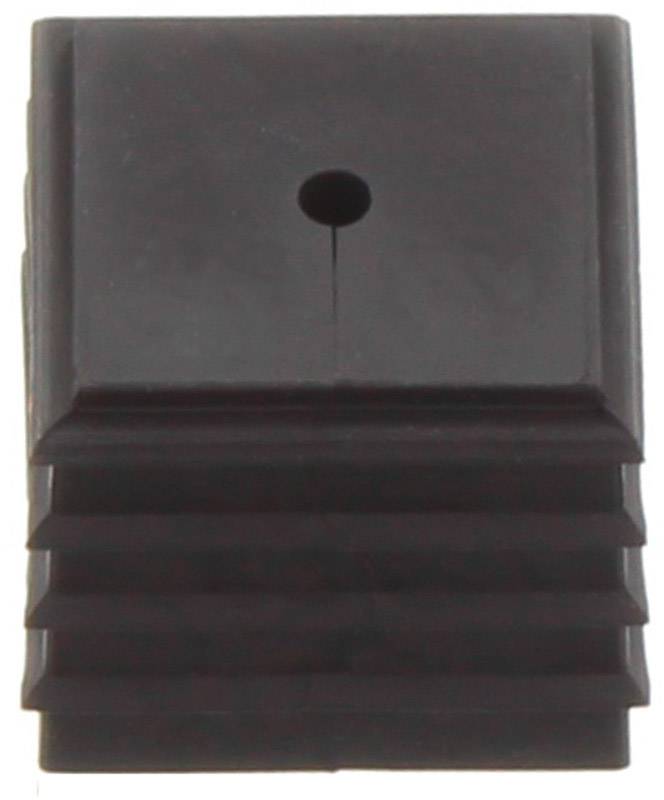 Schwarze quadratische Kunststoffkappe mit einer zentralen Bohrung und gerippten Seiten. Verwendet als Schutz- oder Endkappe.