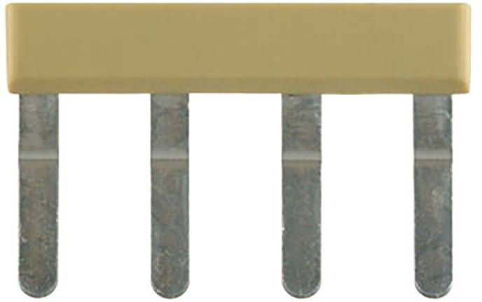 Ein brauner Jumper mit fünf metallischen Pins, die vertikal nach unten zeigen, vor einem neutralen Hintergrund.
